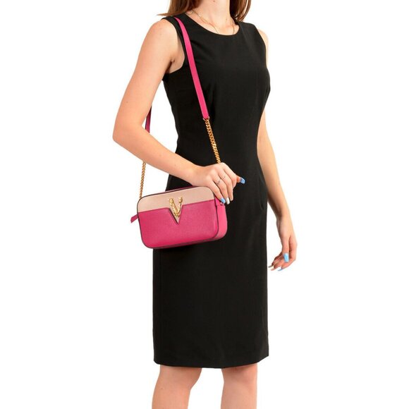 Versace Women\'s 100% Leather V-Logo Crossbody Shoulder Bag Clutch Wallet